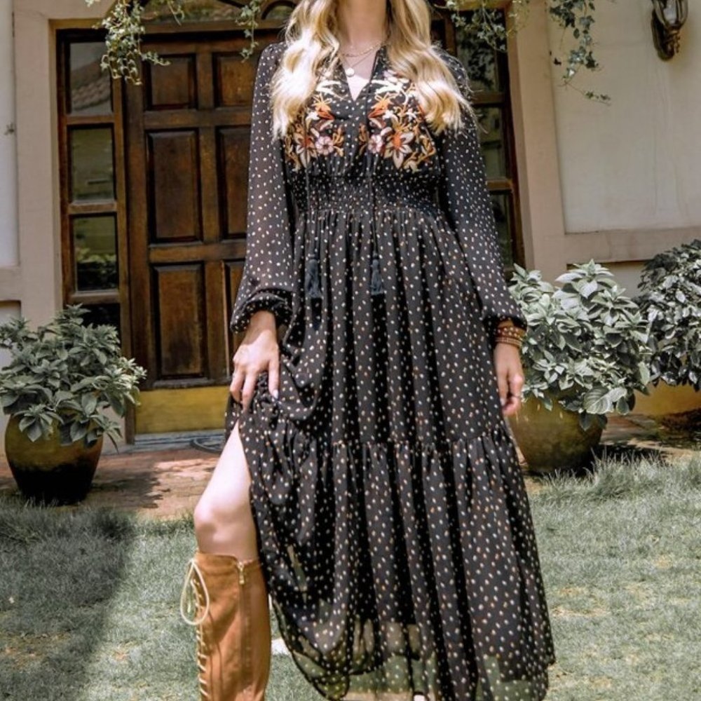 Boho  Polka Dot Embroidered Floral Ruffle Dress black